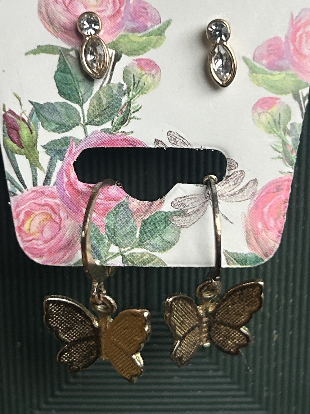 Gold Butterfly Hoop Earrings and Crystal Stud Set - Women's Jewelry - Picture 2 of 3